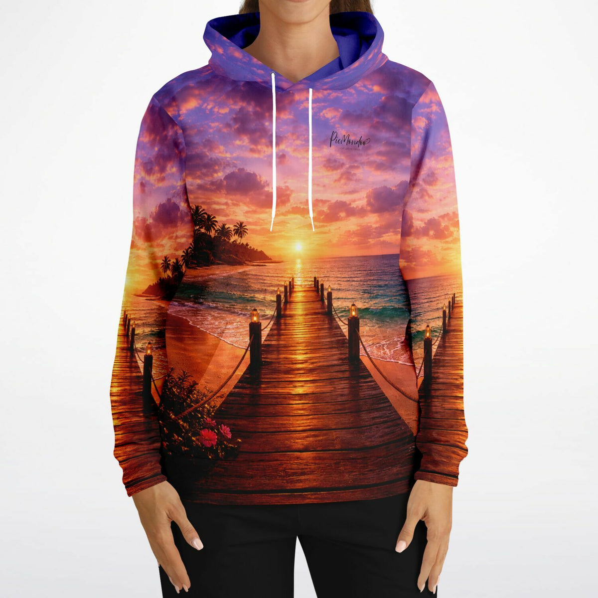 Dreamer Hoodie mit stimmungsvollem Sonnenuntergang am Strand Steg Motiv, perfekt für Fans von Malen nach Zahlen Designs