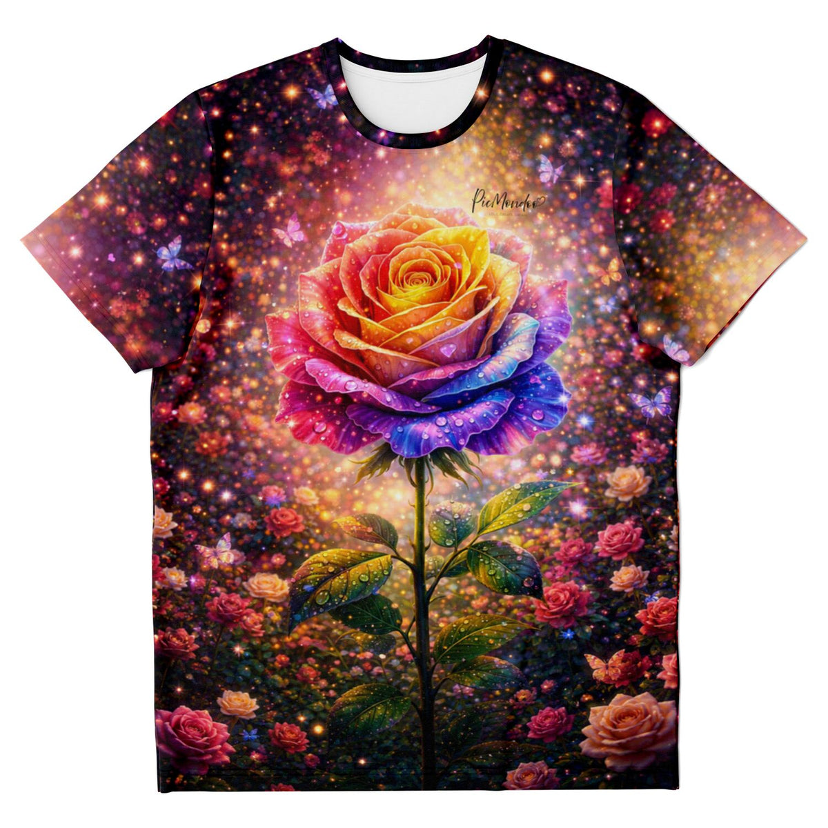 Elythra Dreamer T-Shirt mit regenbogenfarbener Rose, inspiriert von Diamond Painting Motiven und Malen nach Zahlen Designs