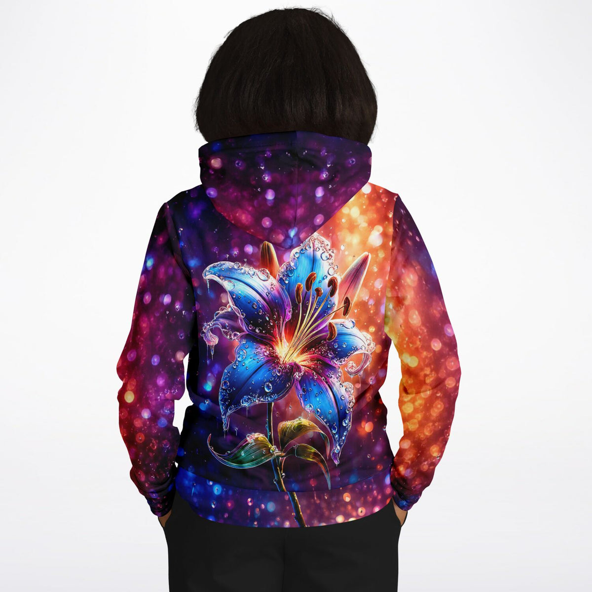 {
"alt_text": "Dreamer Hoodie Regenlied mit leuchtender Lilie, ideal für Fans von Diamond Painting und kreativen Malen nach
