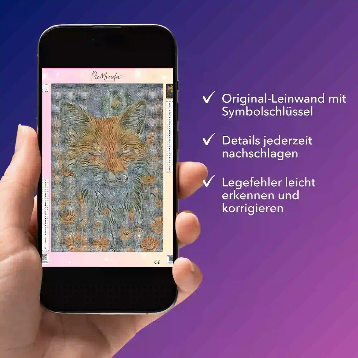 Digitale Diamond Painting Vorlage Foxy Dreams auf Smartphone für einfaches Korrigieren der Leinwanddetails