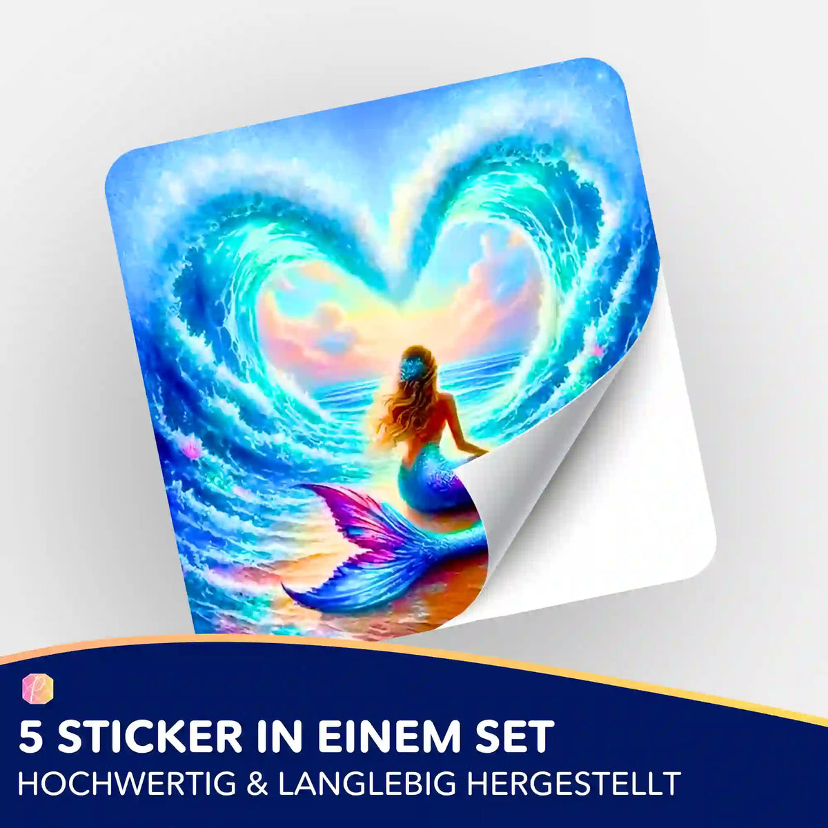 {
"alt_text": "Fünfer-Set Aufkleber mit Meerjungfrau-Motiv "Liebe der Meerjungfrau" passend zur Diamond Painting Organisati