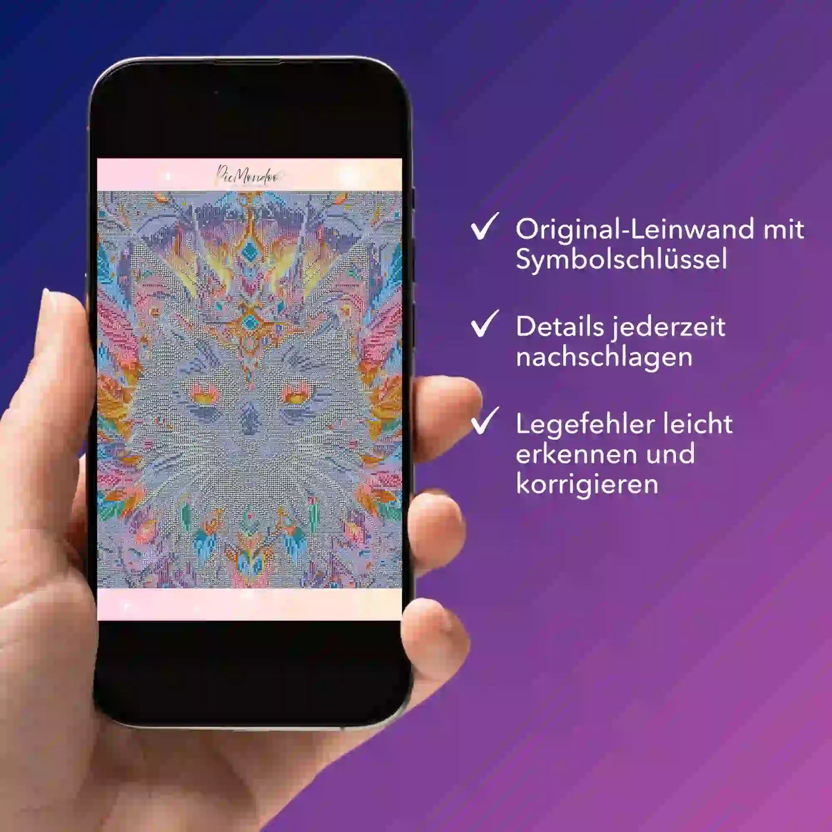 Digitale Bildmappe für Diamond Painting als Katze Motiv auf dem Smartphone mit Symbolschlüssel für einfache Korrekturen.