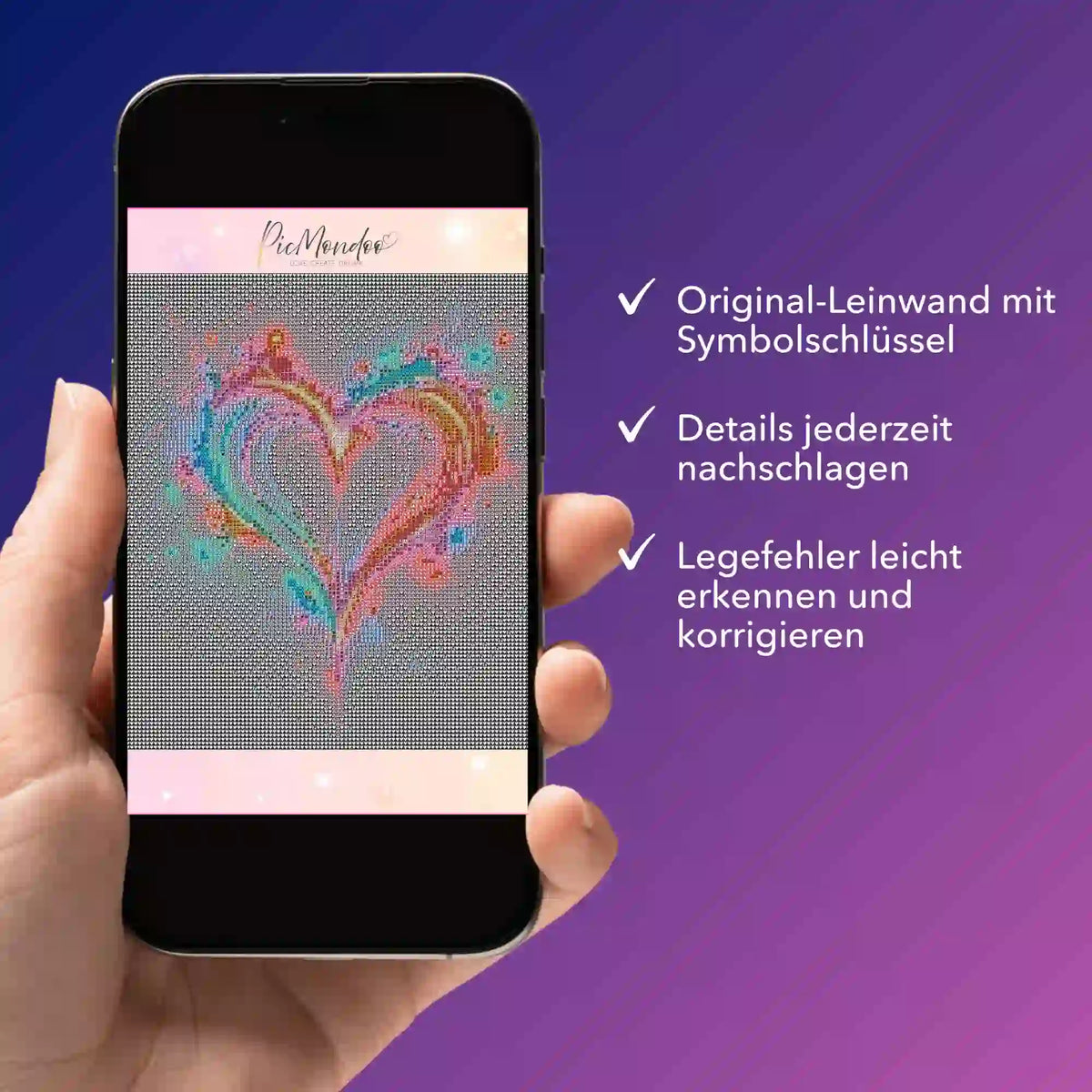 Digitale Diamond Painting Vorlage Herzflimmern auf Smartphone zur Hilfe bei Symbolschlüssel und Legefehlern.