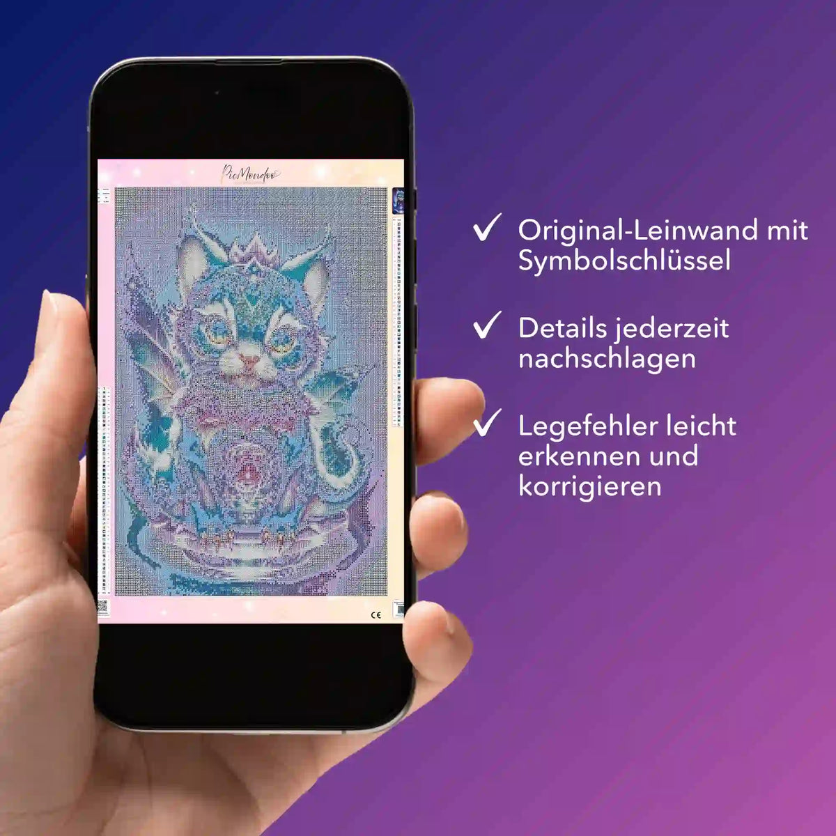 Digitale Diamond Painting Bildmappe als PDF mit Mystical Kitty Motiv auf Smartphone zur einfachen Vorlagenkontrolle.