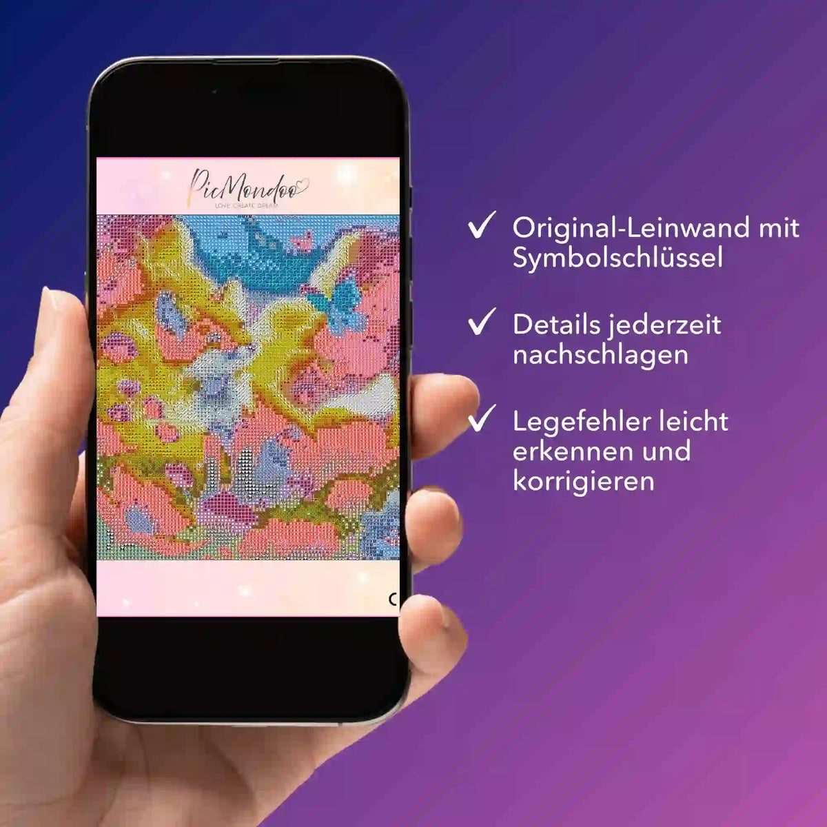 Digitale Diamond Painting Bildmappe als PDF auf Smartphone für die einfache Kontrolle von Symbolen und Motivdetails