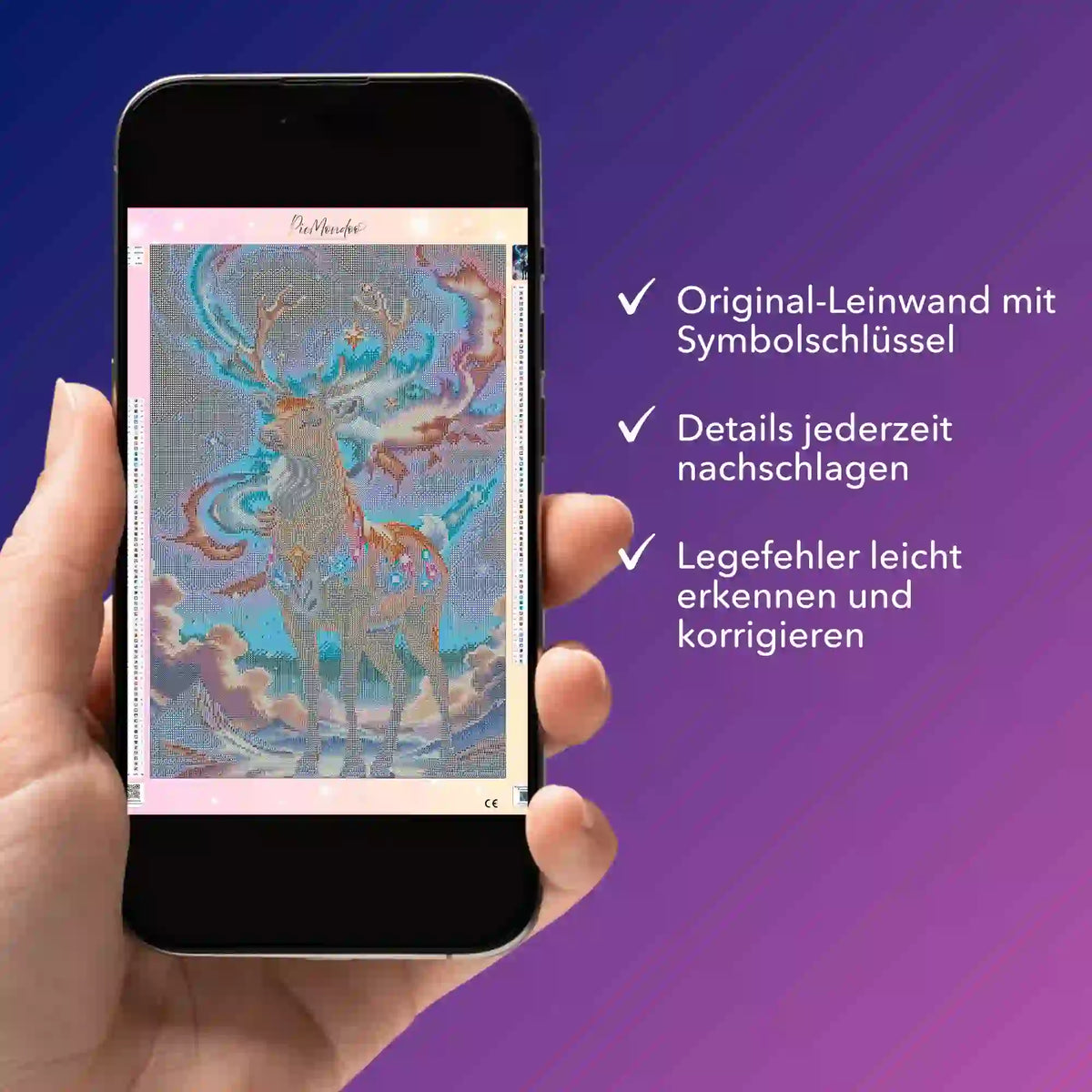 Digitale Bildmappe für Diamond Painting Rentier im Abendzauber auf dem Smartphone als PDF-Anleitung zum Nachschlagen.