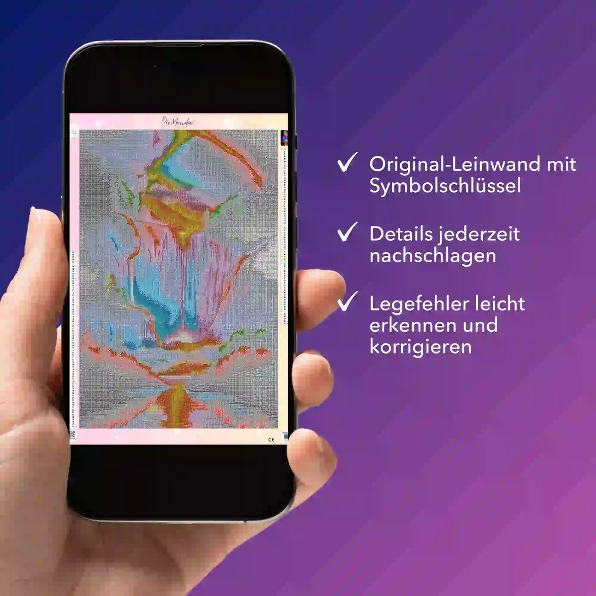 Digitale Diamond Painting Bildmappe auf Smartphone als PDF mit Symbolschlüssel für präzises Arbeiten und Fehlerkorrektur