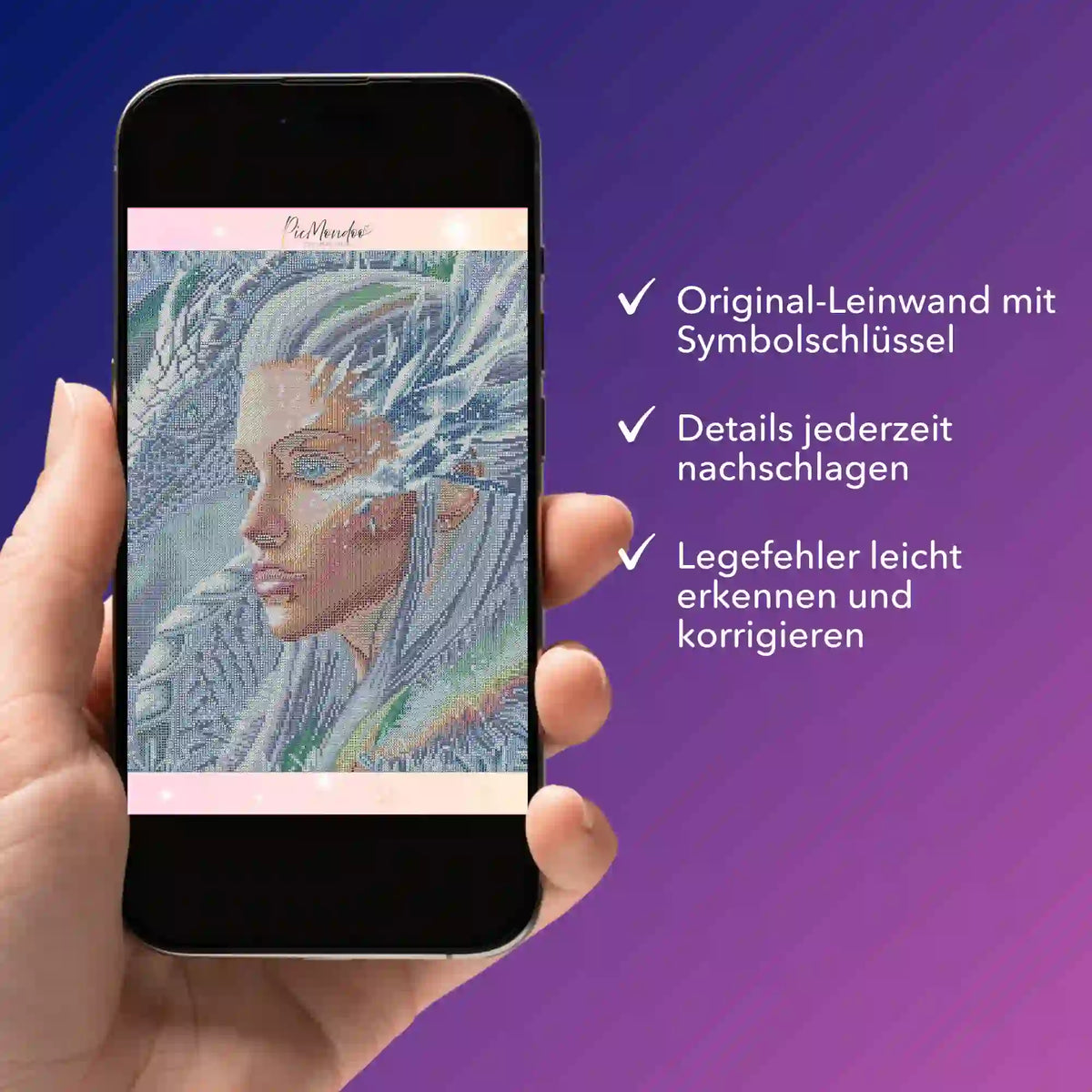 Digitale Diamond Painting Bildmappe Dragon Queen auf dem Smartphone für einfache Detailsuche und Fehlerkorrektur