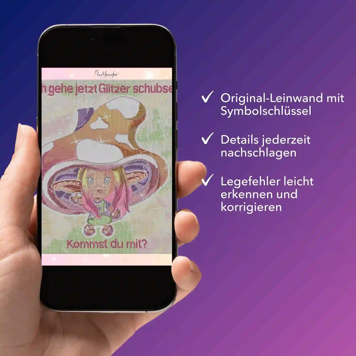 Digitale Bildmappe für Diamond Painting Set Moni Shroomi auf einem Smartphone mit Leinwandvorschau zum Korrigieren