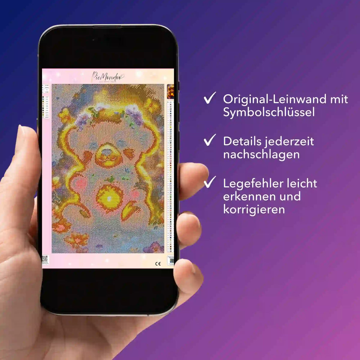 Digitale Diamond Painting Bildmappe als PDF auf Smartphone für das Motiv Kleiner Leuchtbär mit Leinwand-Details