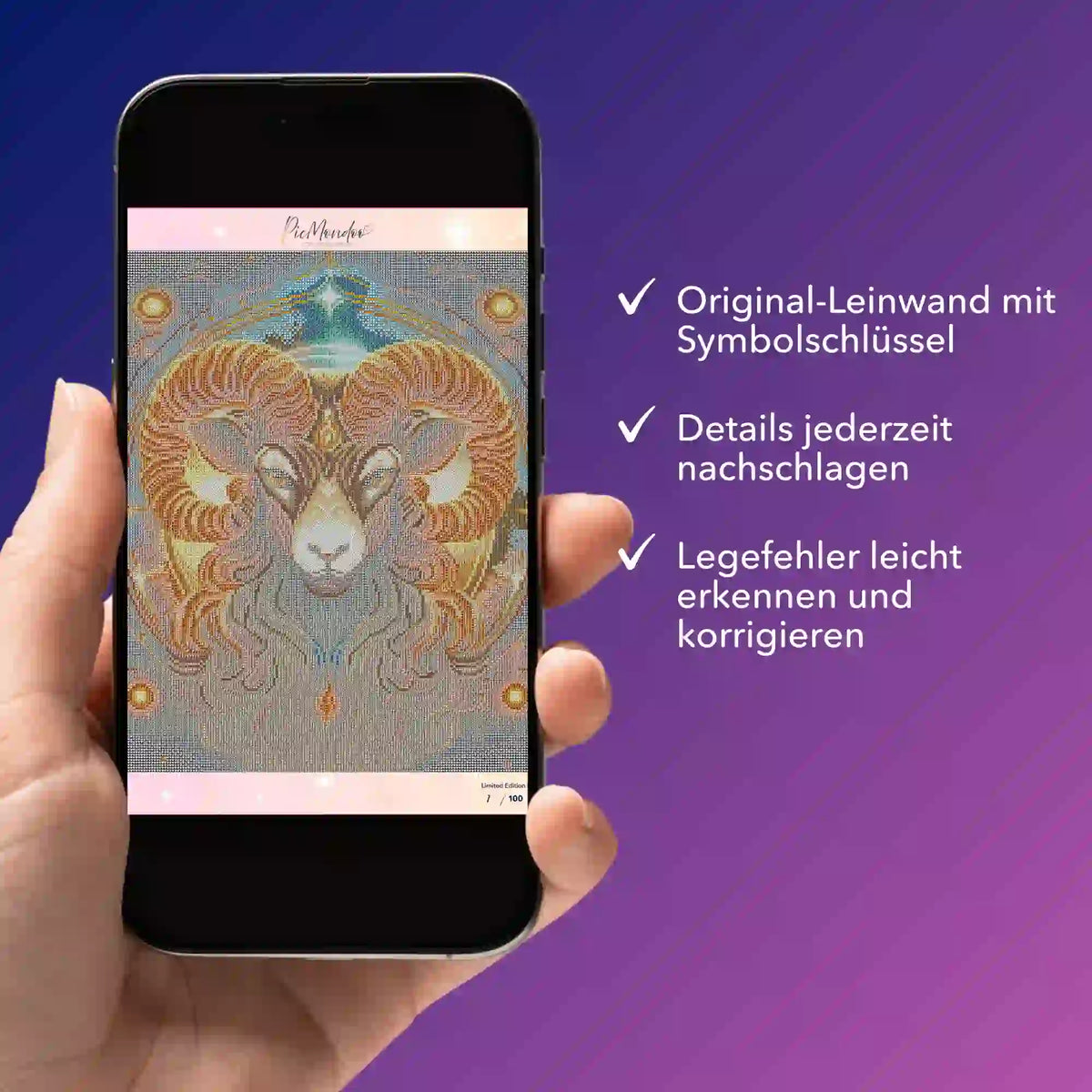 Digitale Diamond Painting Bildmappe Sternzeichen Widder auf Smartphone zur Hilfe beim Legen für Erwachsene