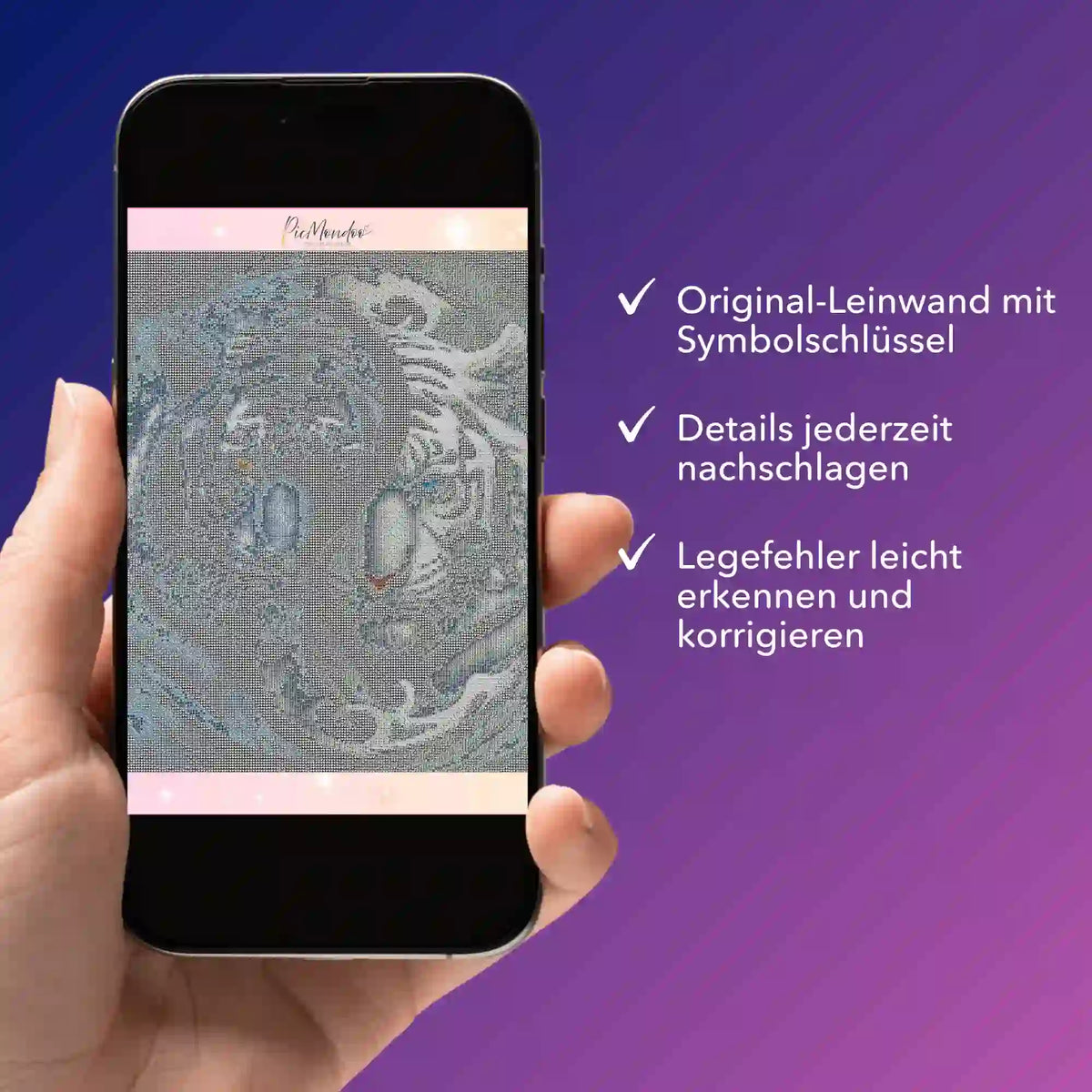 Digitale Diamond Painting Bildmappe als PDF für Tiger-Motiv auf Smartphone, ideal zum Nachschlagen der Leinwand-Symbole.
