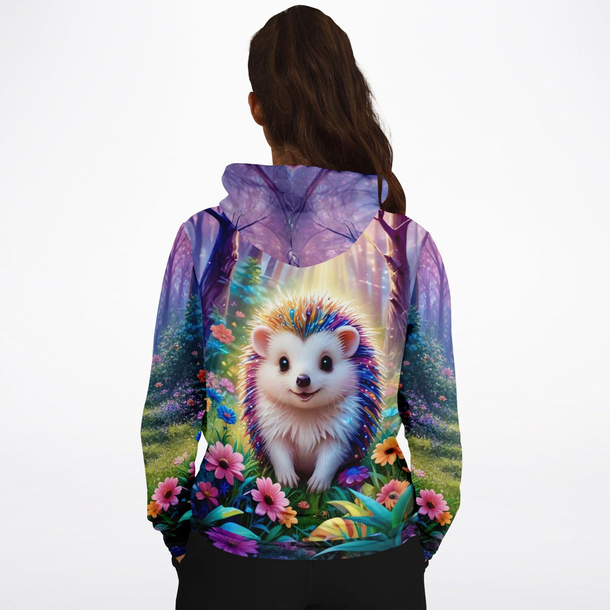 Dreamer Hoodie mit Igel-Stups-Motiv: Bunter Igel im Blumenwald, kunstvoller Druck im Stil von Diamond Painting Designs