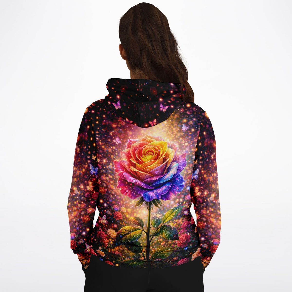 Dreamer Hoodie mit farbenprächtigem Rosen Motiv, das an die Detailtiefe von Diamond Painting und Malen nach Zahlen erinnert