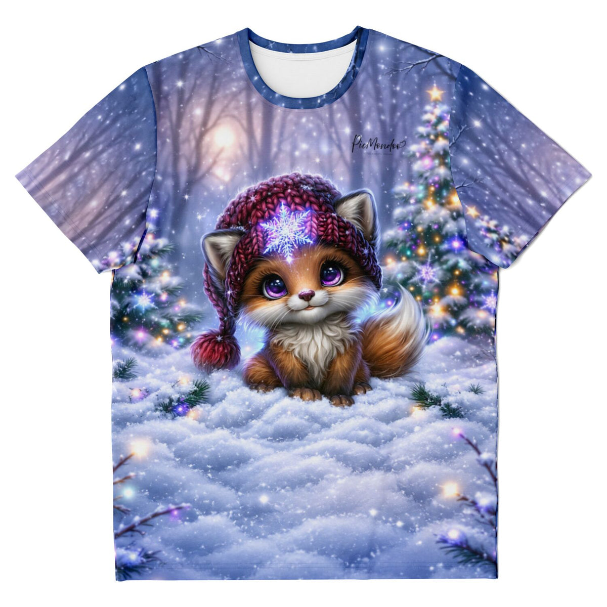 T-Shirt mit süßem Fuchs im Winterwald, inspiriert von Diamond Painting Motiven und weihnachtlicher Atmosphäre.
