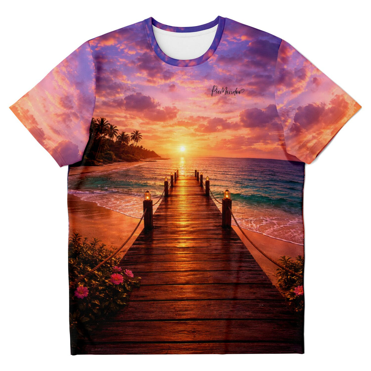 T-Shirt mit traumhaftem Sonnenuntergang am Steg, inspiriert von beliebten Malen nach Zahlen und Diamond Painting Motiven.