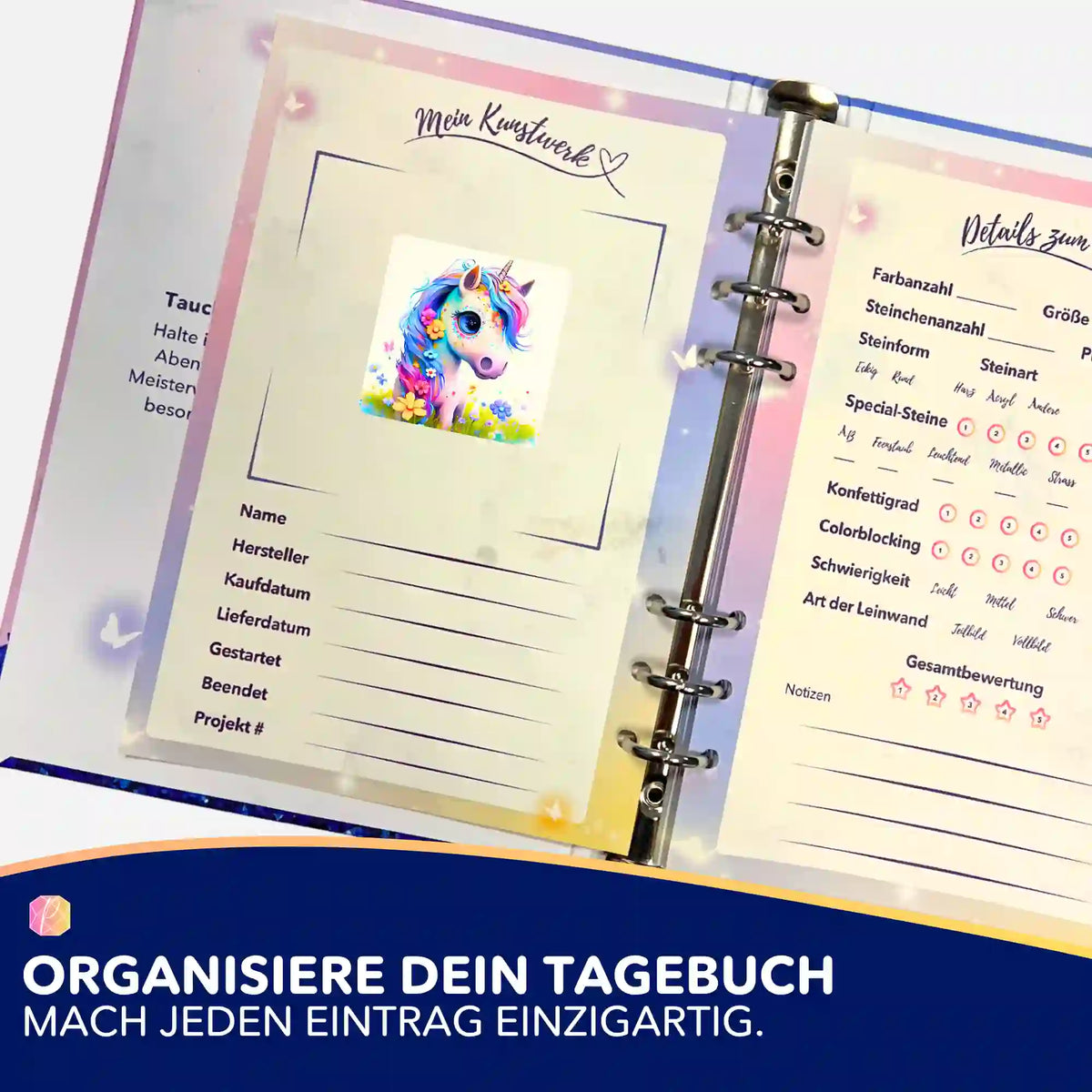 Süßer Einhorn-Aufkleber für dein Diamond Painting Zubehör – Tagebuch-Eintrag für perfekte Organisation