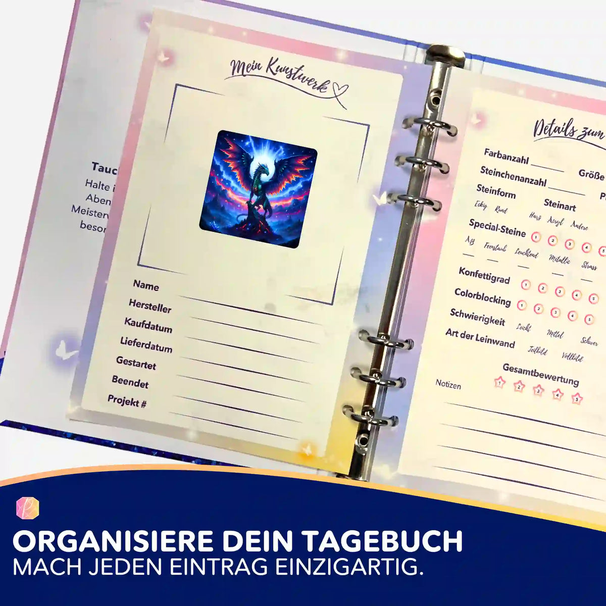 Picmondoo Sticker-Set zur Organisation von Diamond Painting Tagebüchern mit Drachenmotiv für Kreativ-Projekte.
