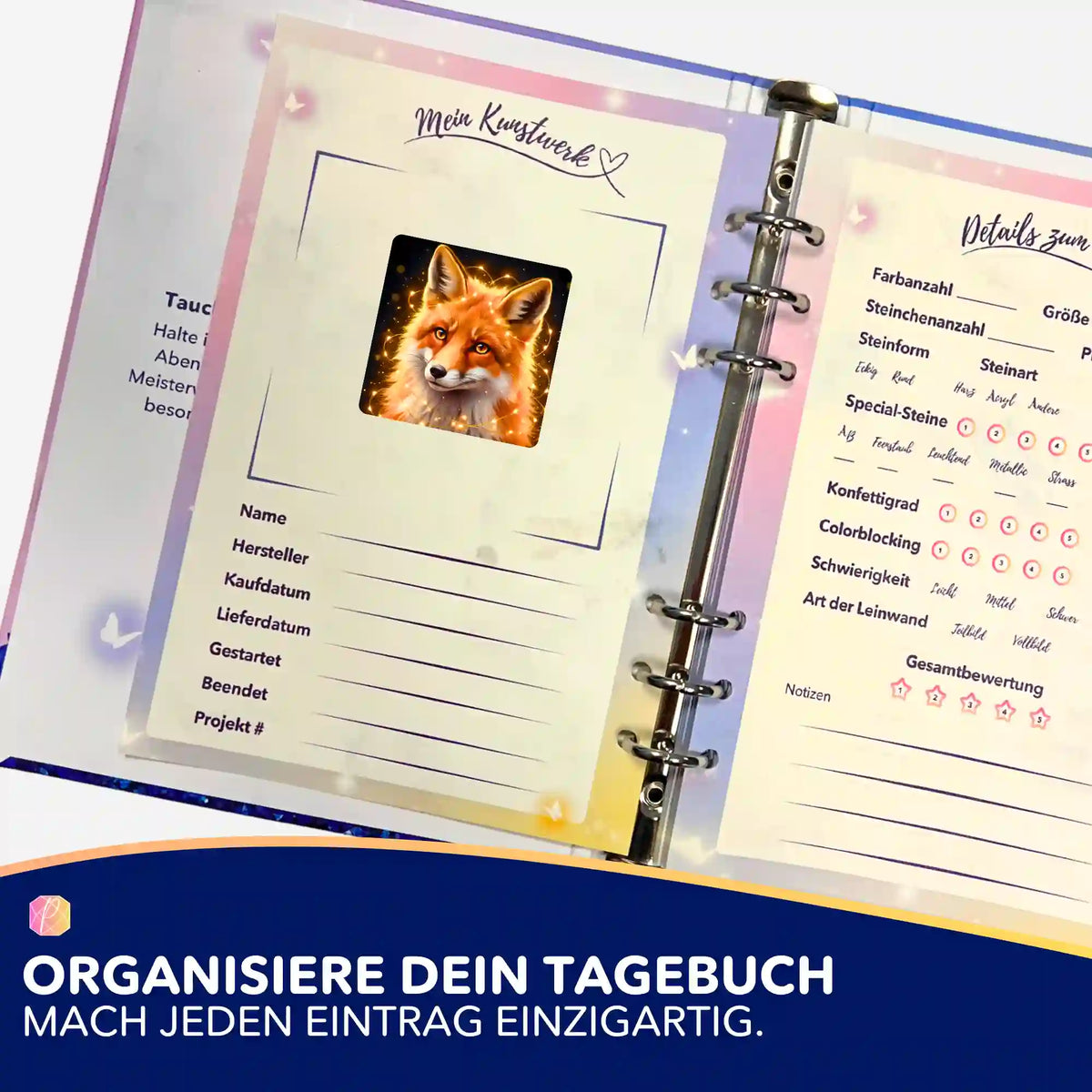 Picmondoo Diamond Painting Sticker Lyra im Tagebuch zur Organisation von Projekten mit Fuchsmotiv
