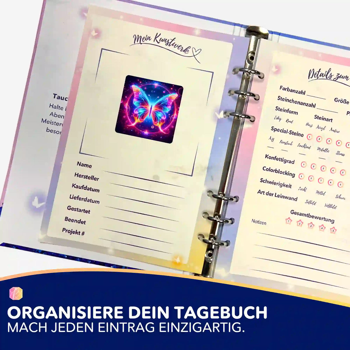 Circle of Butterfly Sticker in einem Diamond Painting Tagebuch zur Organisation von DIY-Projekten