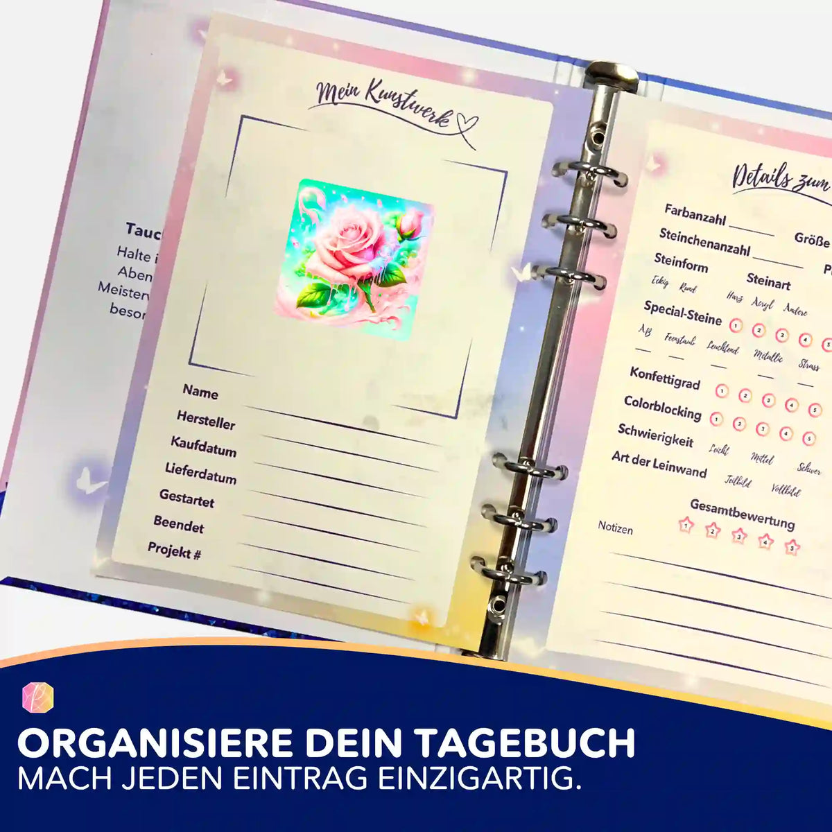 Candy Rose Aufkleber im Diamond Painting Tagebuch zur Organisation von DIY-Kunstwerken und Diamanten Painting Projekten.