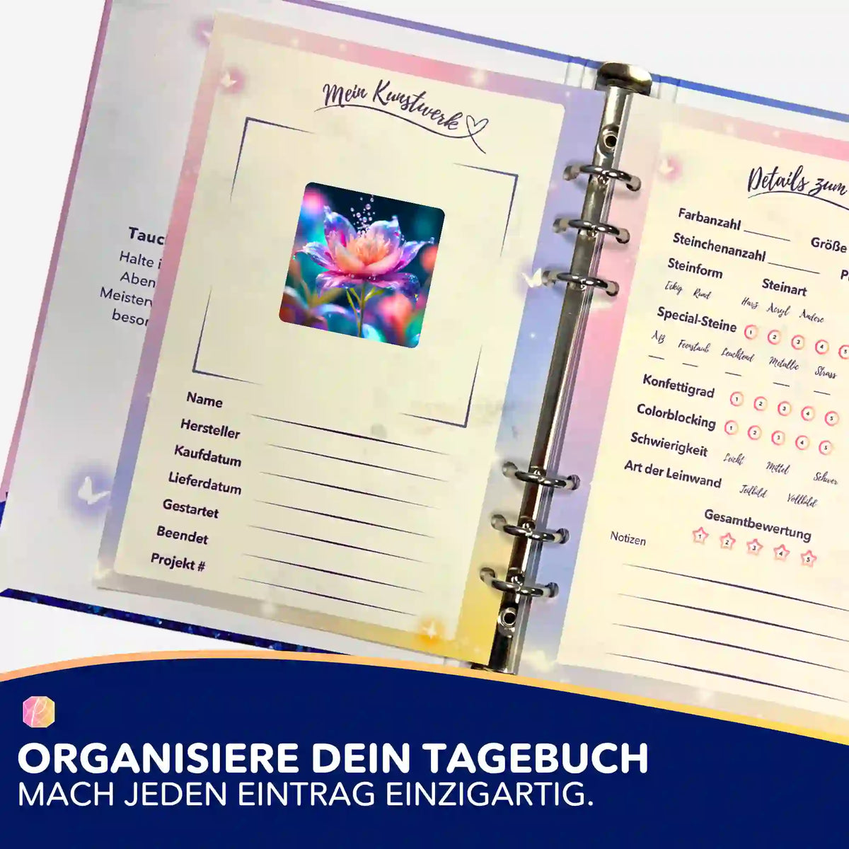 Picmondoo Sticker-Set Sternentau zur Organisation von Diamond Painting Tagebüchern und Projektdetails