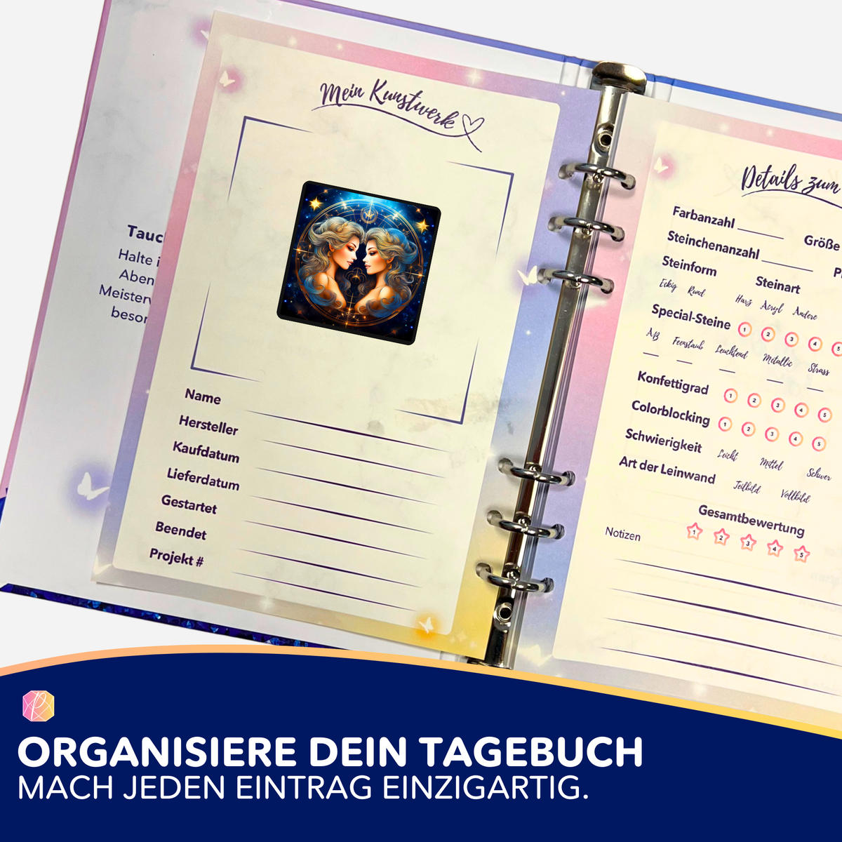 Diamond Painting Tagebuch Sticker Set Sternzeichen Zwilling zum Dokumentieren von kreativen DIY Kunstwerken