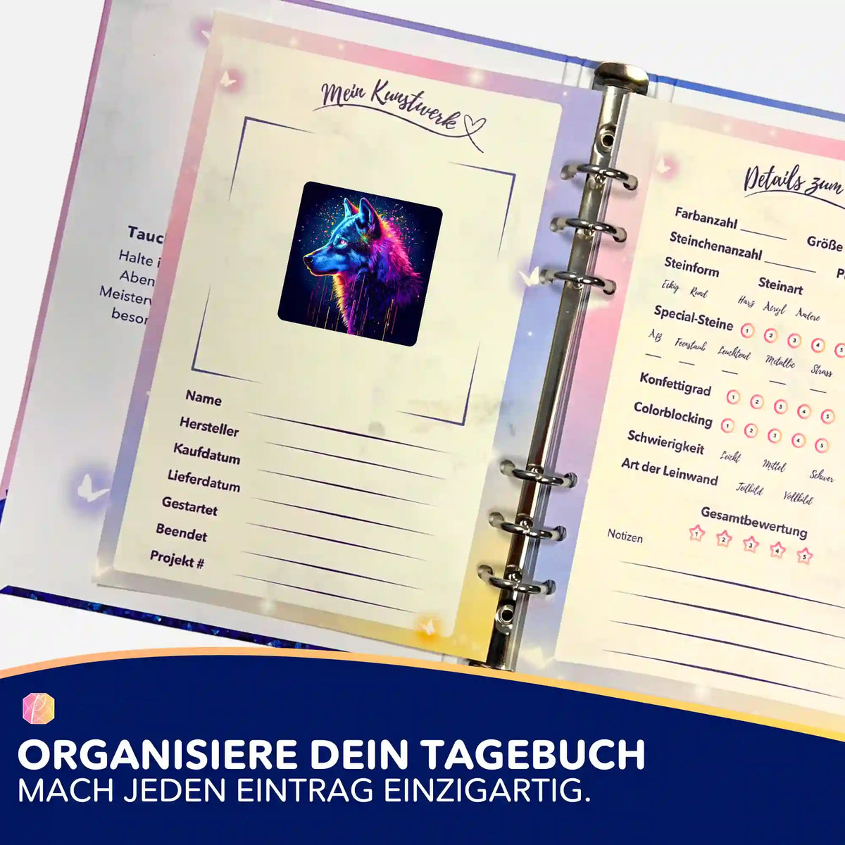 Picmondoo Sticker Krafttier Wolf im Diamond Painting Tagebuch zur Organisation von DIY-Projekten
