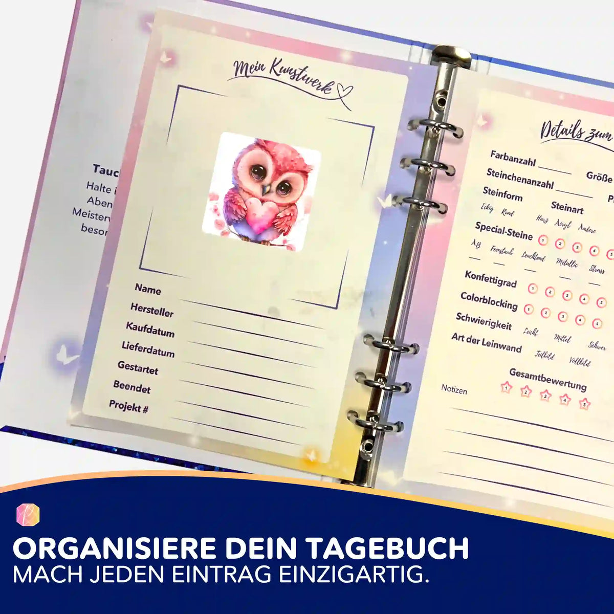 Loving Owl Aufkleber in einem Diamond Painting Tagebuch zur Organisation von Projektdetails und Kunstwerken von Picmondoo.