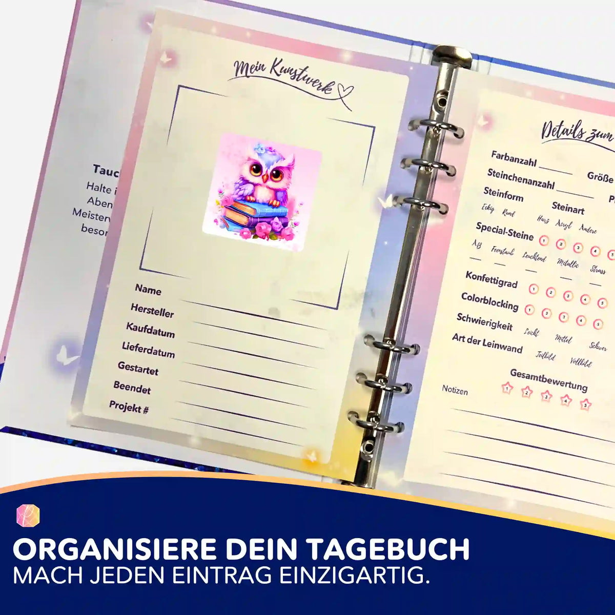 Büchereule Aufkleber im Diamond Painting Tagebuch zur Organisation von Bastelprojekten und Diamanten Painting Sets