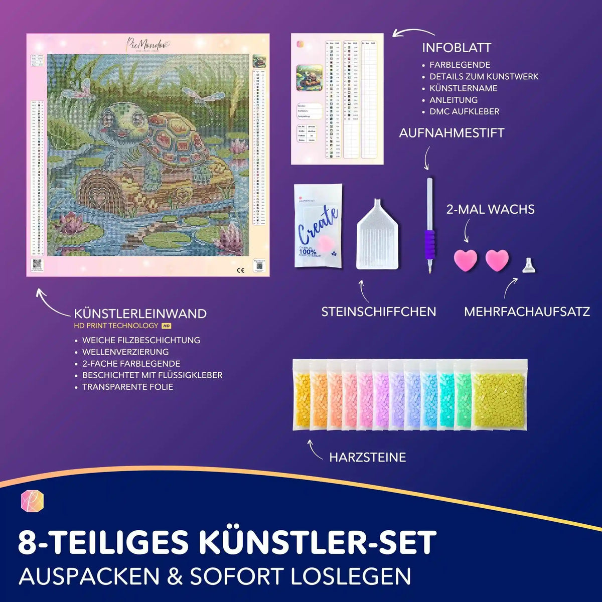 Picmondoo Diamond Painting Set Schildkrötenmädchen Karla mit Zubehör, Leinwand und bunten Steinen für DIY-Bastelspaß