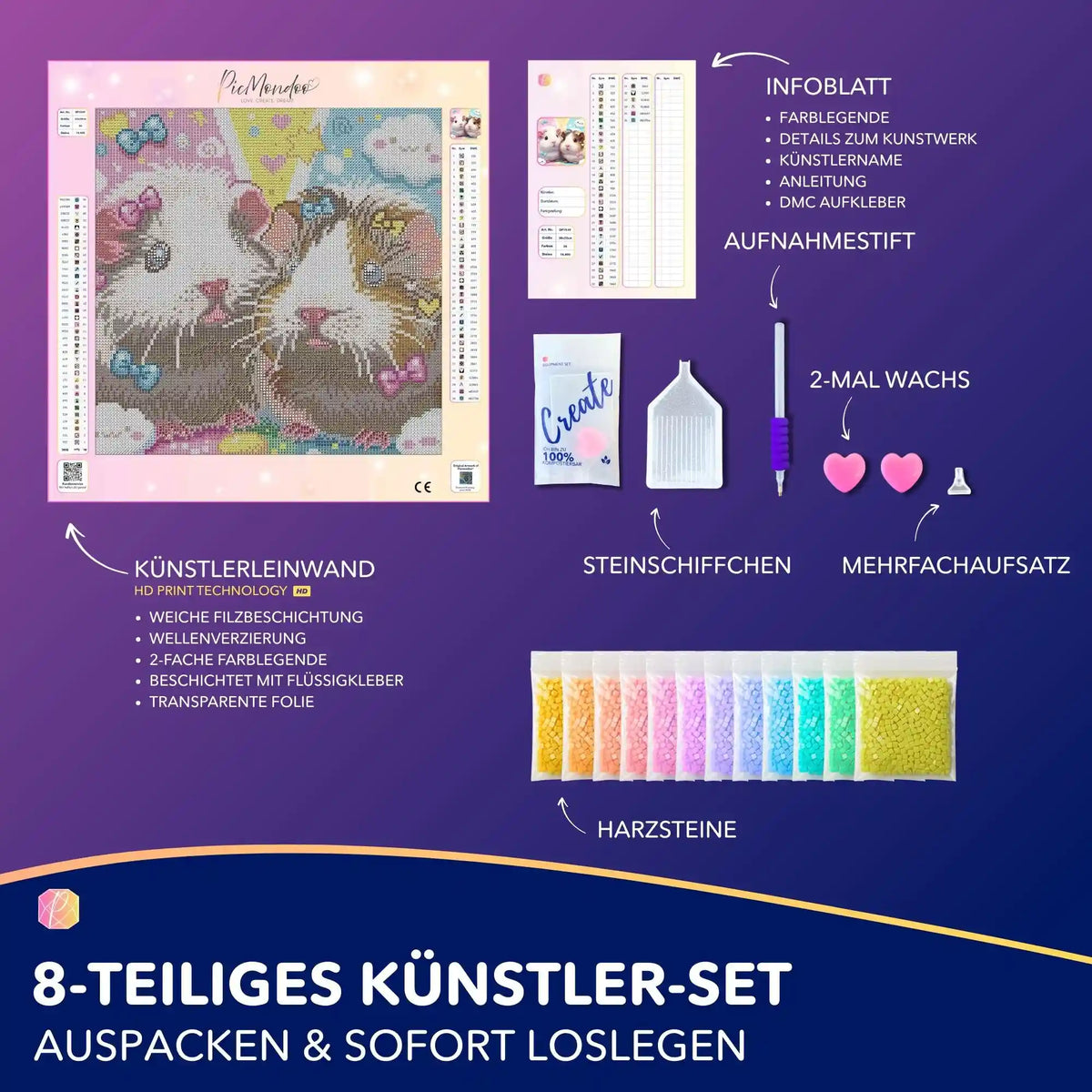 Diamond Painting Set Maggie und Moritz mit Meerschweinchen-Motiv, hochwertigem Zubehör und bunten Harzsteinen