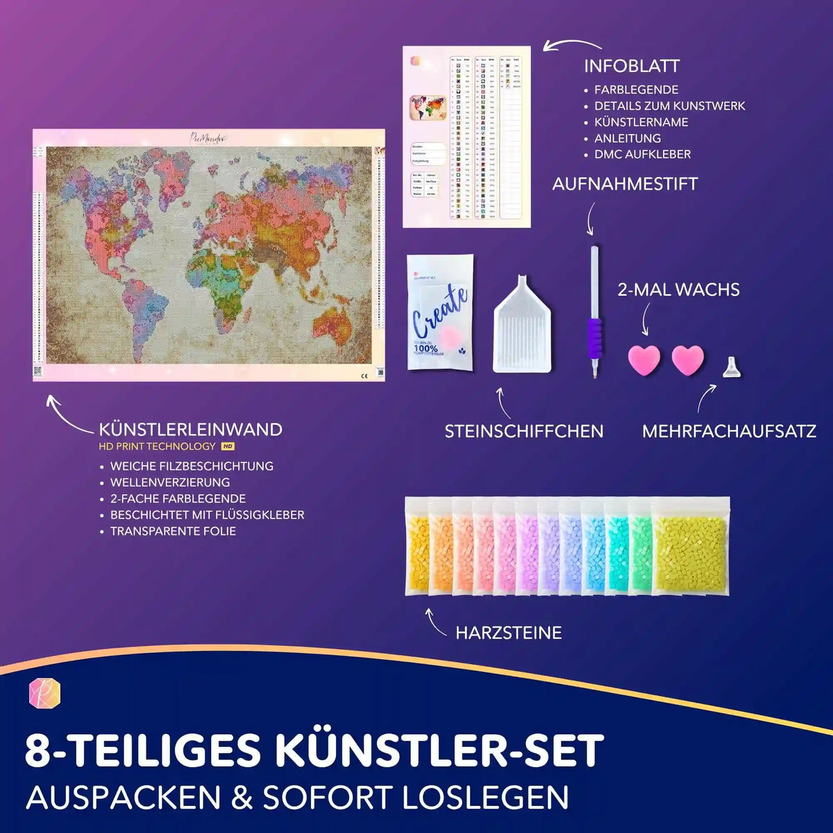Diamond Painting Set Bunte Weltkarte mit Leinwand, bunten Harzsteinen, Stift und Zubehör für DIY-Kunstwerke.