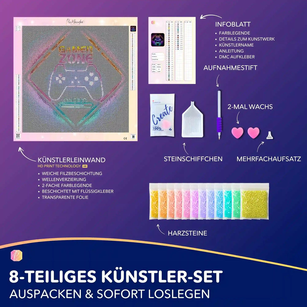 Diamond Painting Set Gamer Zone mit 50x50cm Leinwand, leuchtenden Steinen, Stift und Zubehör für DIY-Kunstwerke.