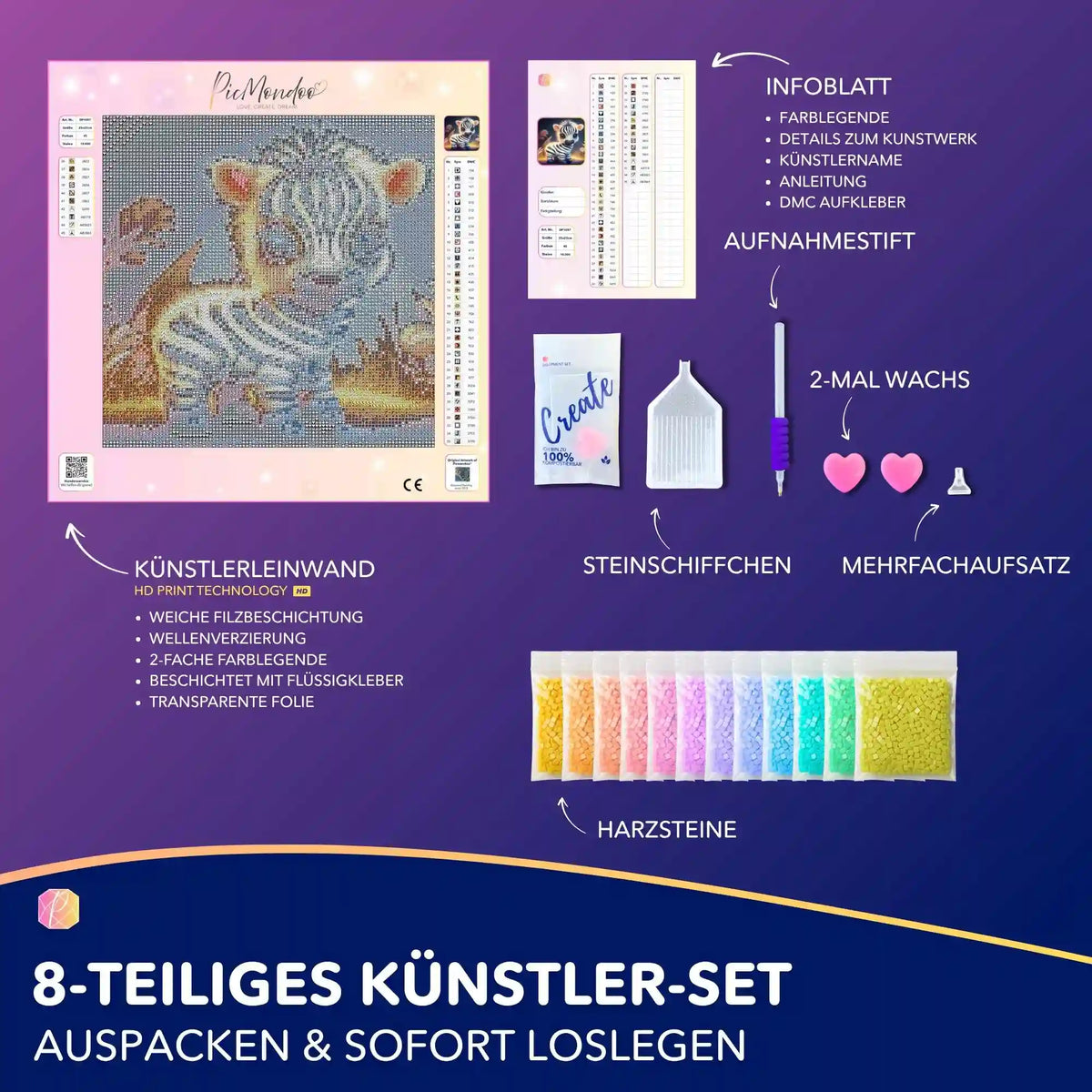 Diamond Painting Set Süßes Zebrababy für Kinder mit Leinwand, bunten Harzsteinen und Zubehör für den sofortigen Start.