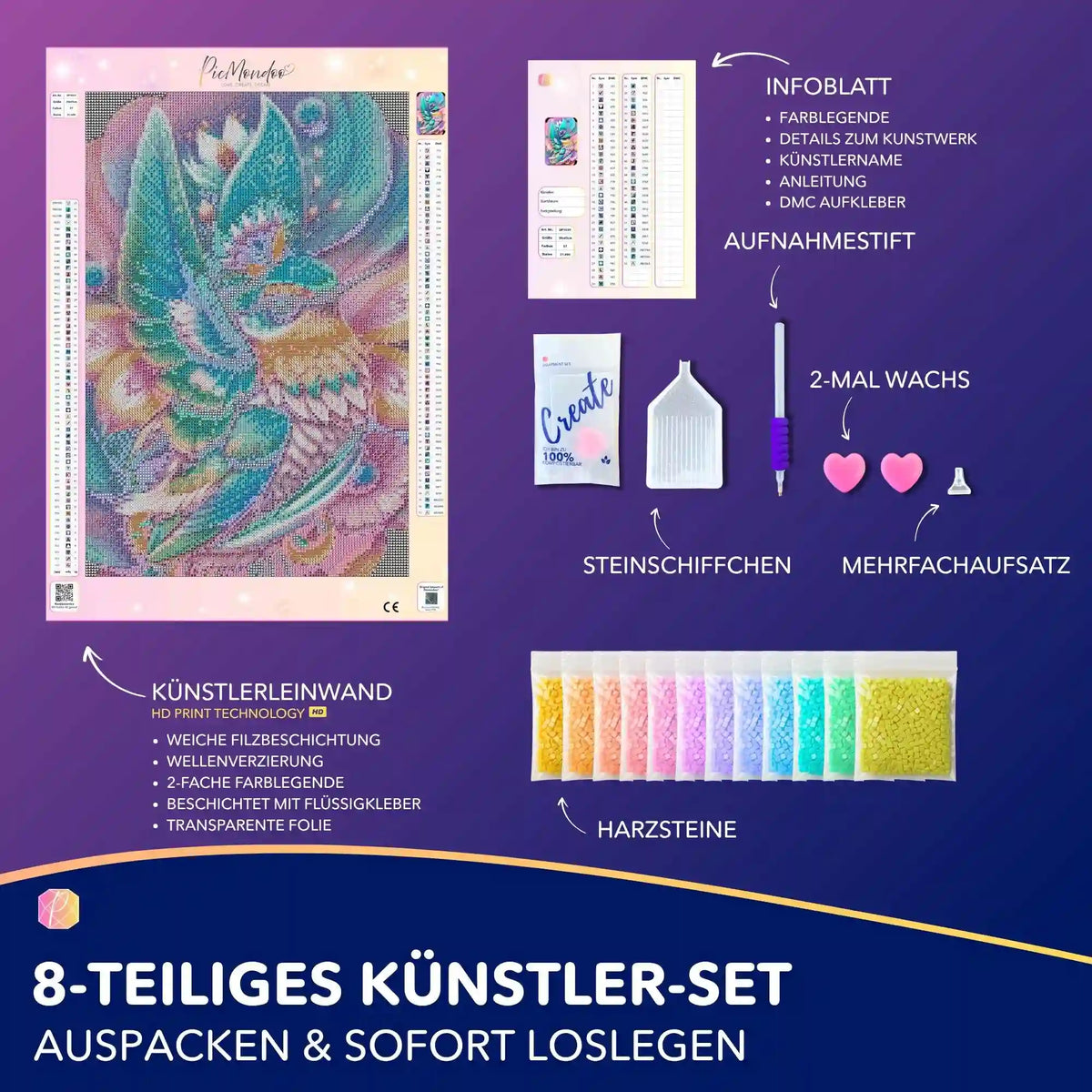 Diamond Painting Set Kolibri im Blütenkelch mit Leinwand, bunten Harzsteinen und Zubehör für kreatives Basteln