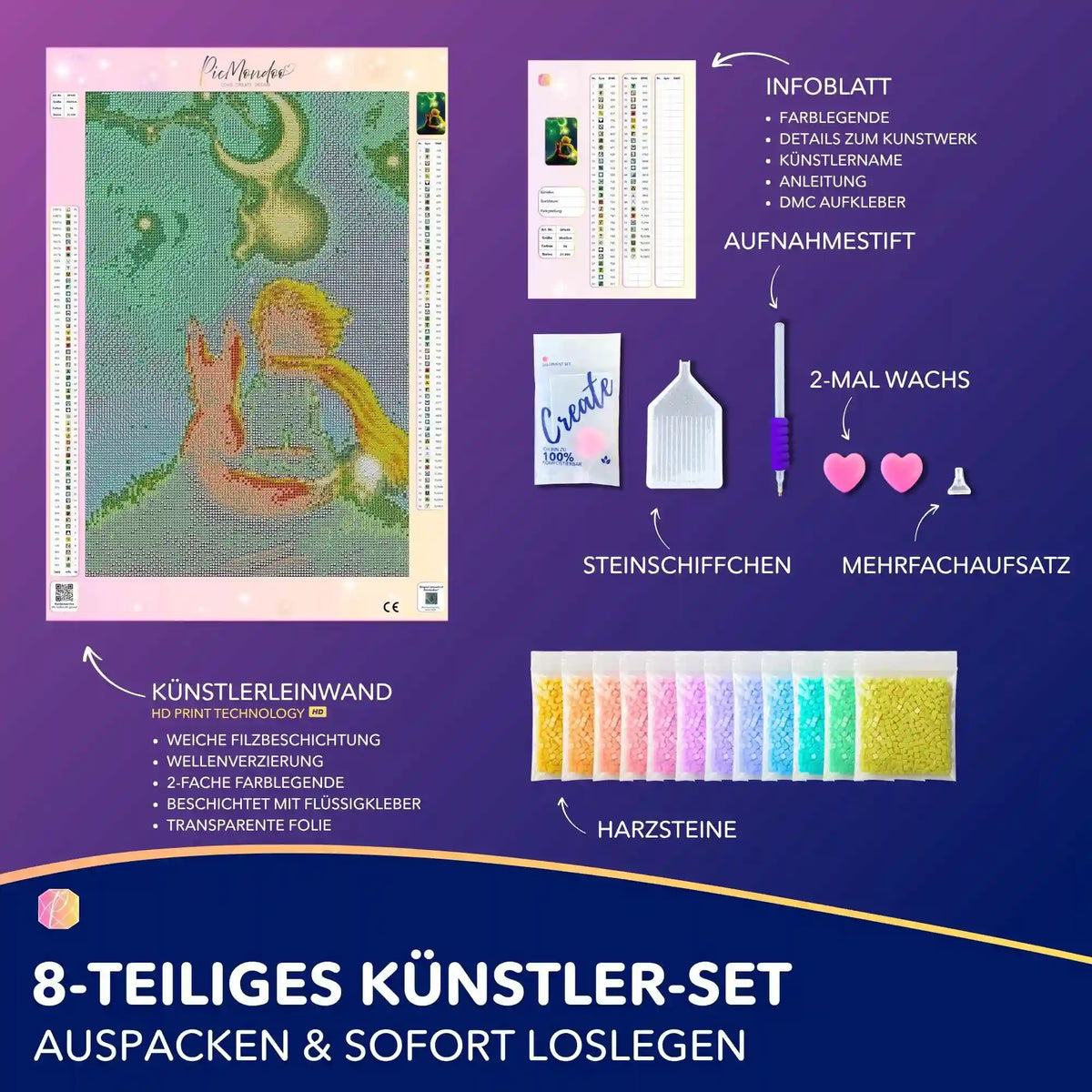 Diamond Painting Set Friends mit Leinwand, leuchtenden Steinen und Zubehör für kreatives Diamond Painting DIY-Kunst