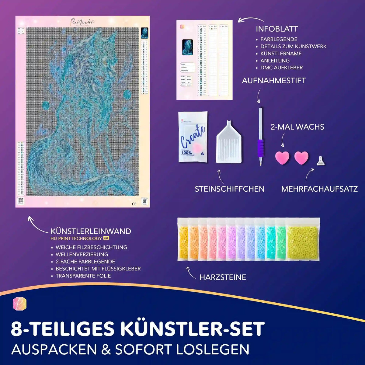 Diamond Painting Set Verzauberter Wolf mit Leuchtsteinen, Leinwand, Werkzeug und bunten Diamanten für Erwachsene