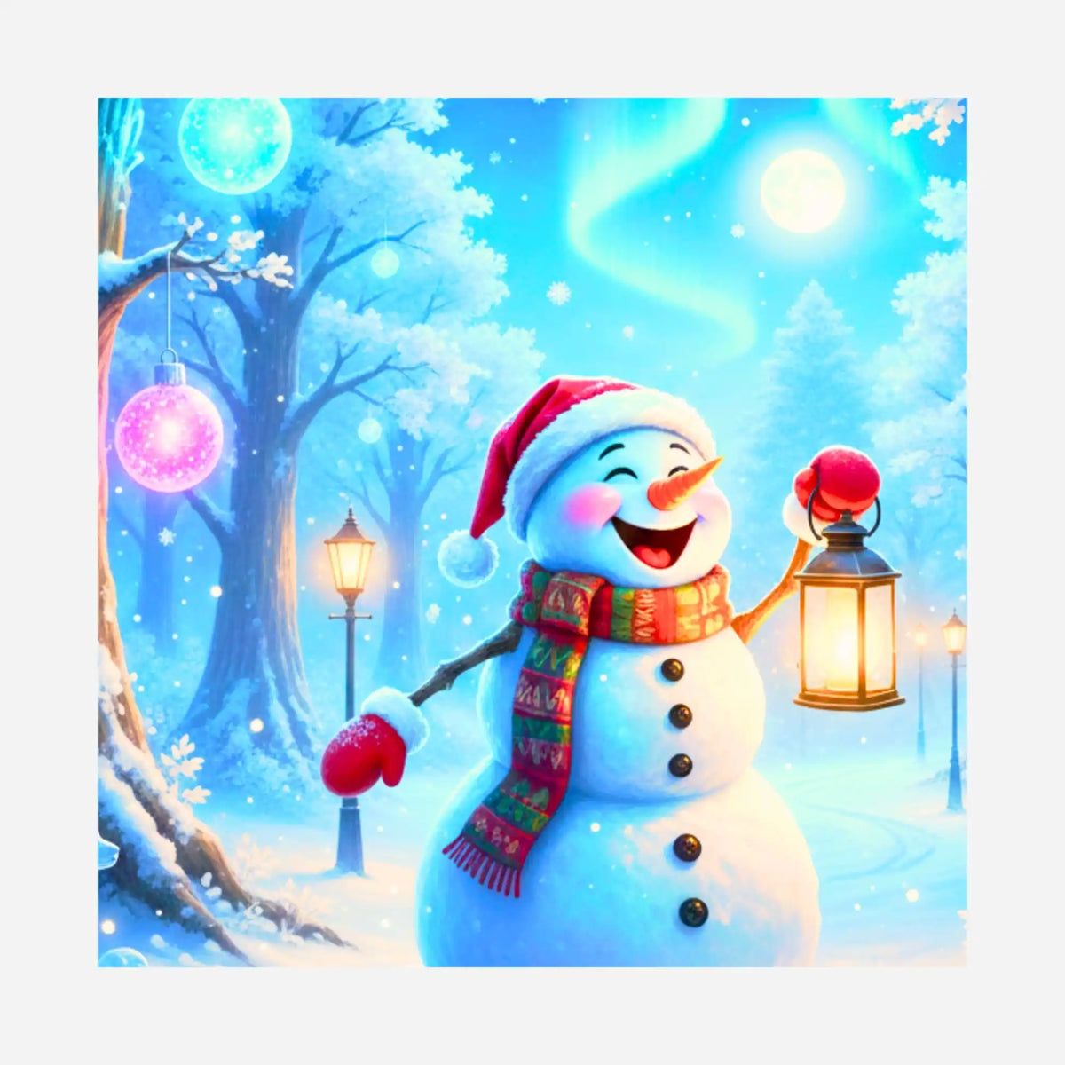 Diamond Painting Motiv: Fröhlicher Schneemann mit Laterne und Schal im winterlichen Zauberwald