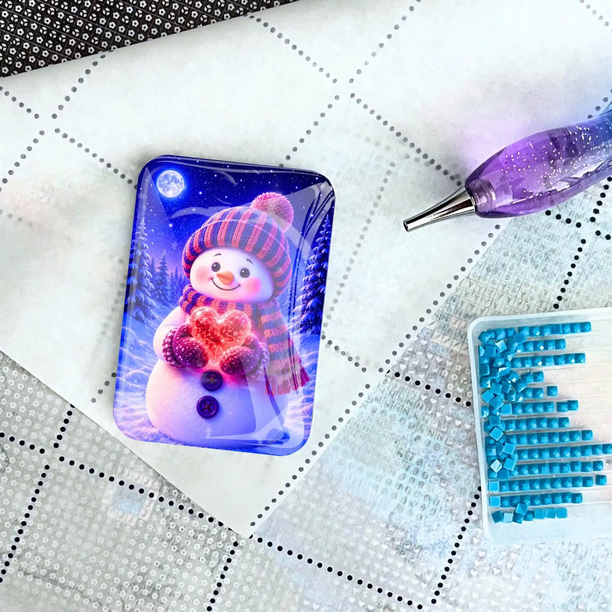 Diamond Painting Cover Minder Winterherz mit Schneemann-Motiv aus Glas auf Leinwand mit Zubehör