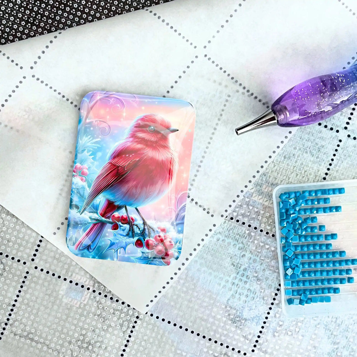 Diamond Painting Cover Minder Feuerherz im ersten Frost mit Wintervogel, Zubehör-Stift und Steinchen