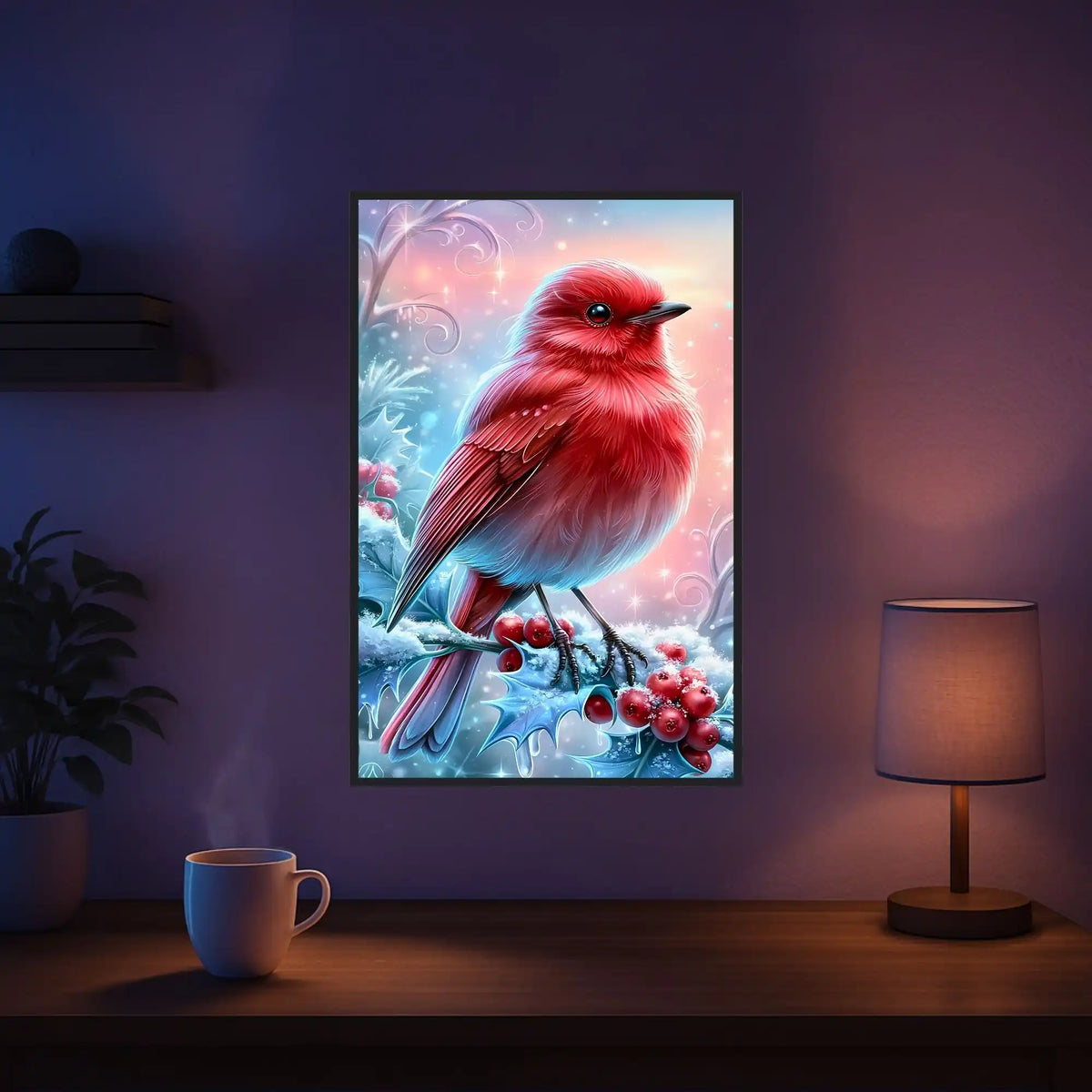 Diamond Painting: Roter Wintervogel auf verschneitem Ast mit roten Beeren, gerahmt an der Wand