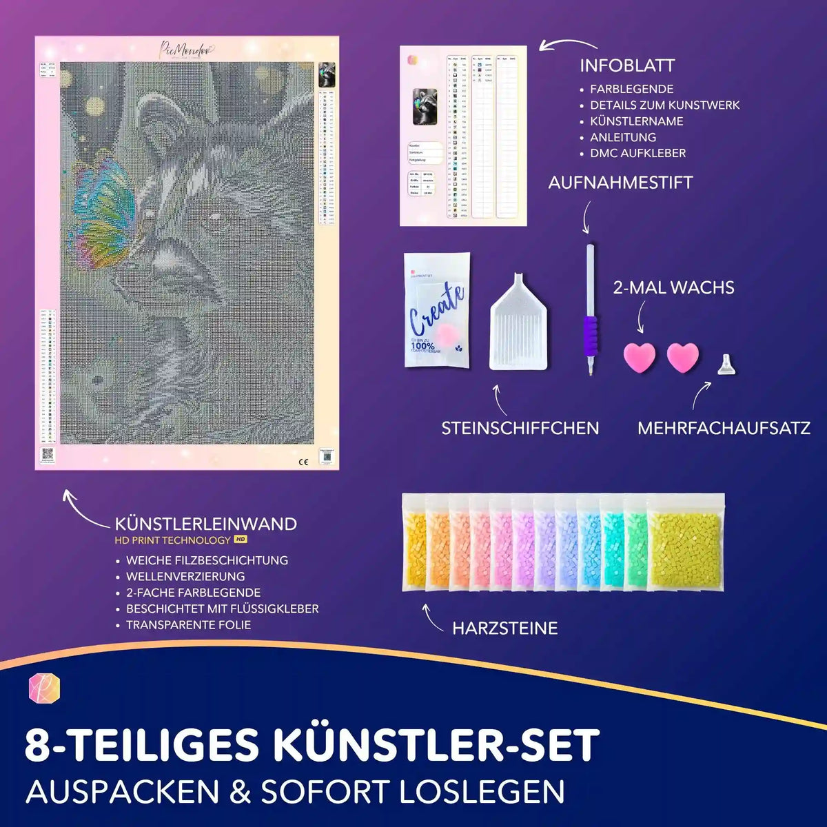 Diamond Painting Set Kleiner Farbtupfer mit Waschbär-Leinwand, Werkzeugen und bunten Glitzersteinen