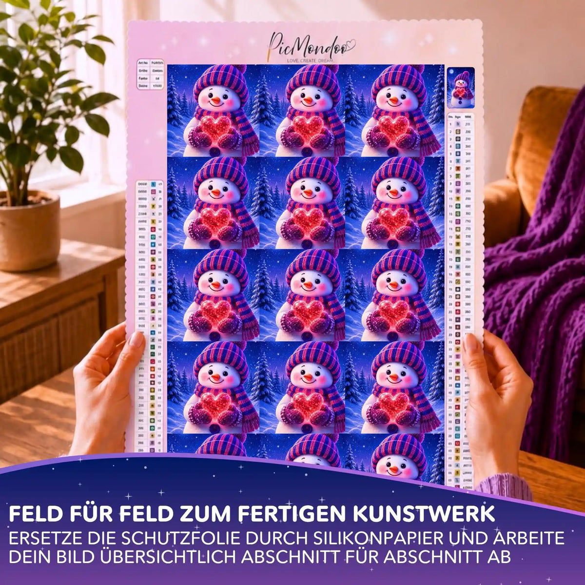 Silikonpapier-Set Winterherz mit Schneemann-Motiv auf einer Diamond Painting Leinwand