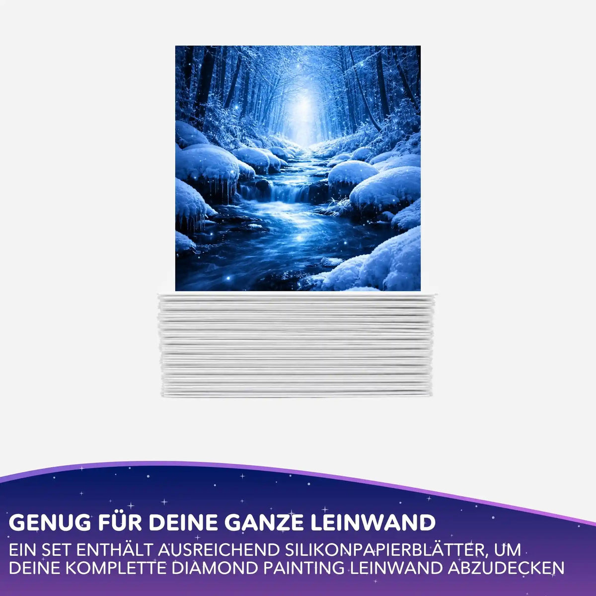 Diamond Painting Silikonpapier-Set mit blauem Winterwald-Motiv und Stapel Trennblätter