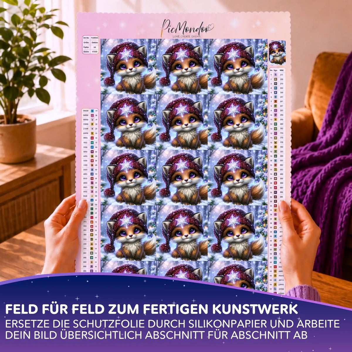 Silikonpapier-Set Kleiner Winterzauber für Diamond Painting mit niedlichen Winterfuchs-Feldern auf Leinwand.