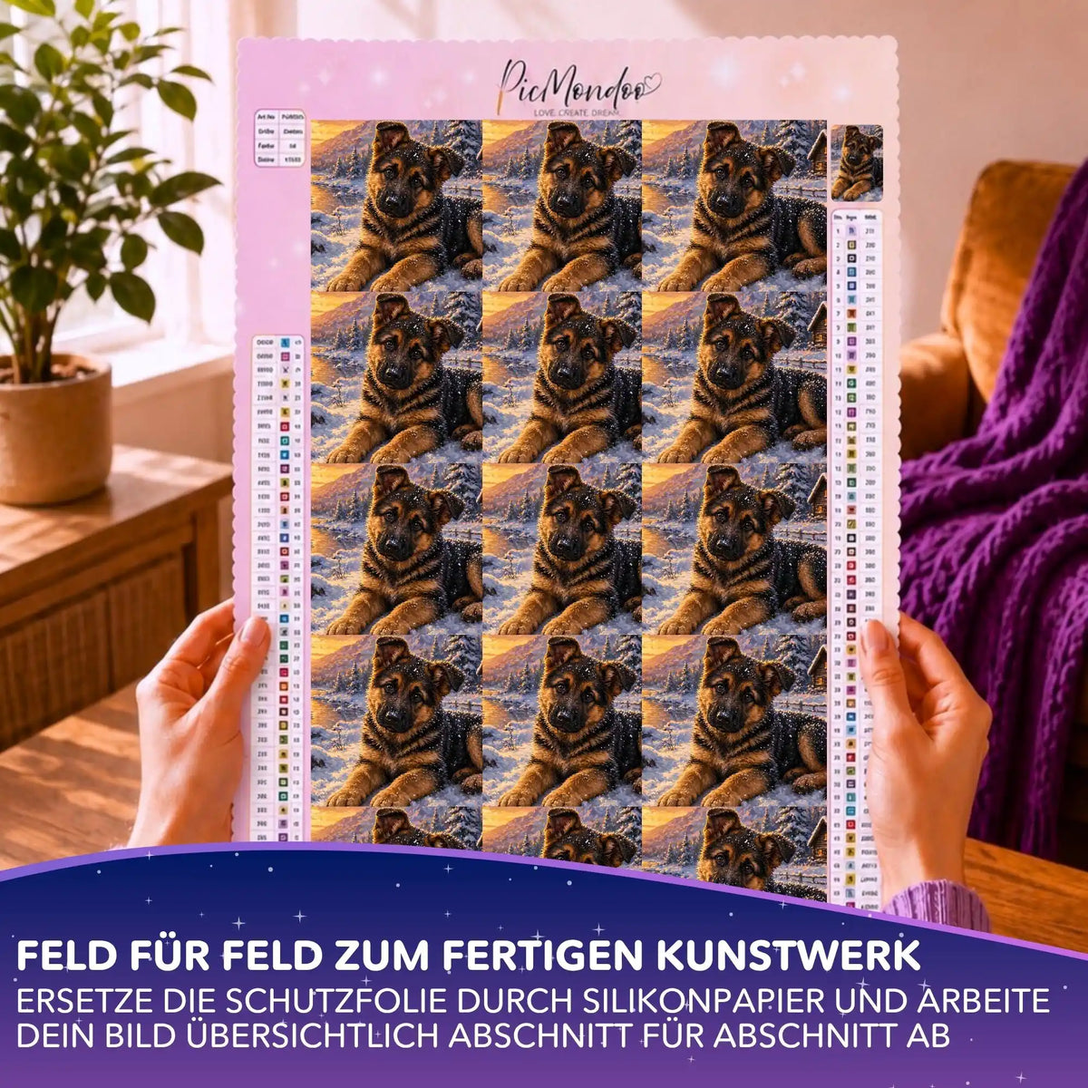 Silikonpapier-Set Erster Schnee für Diamond Painting mit süßem Schäferhund-Motiv auf Leinwand