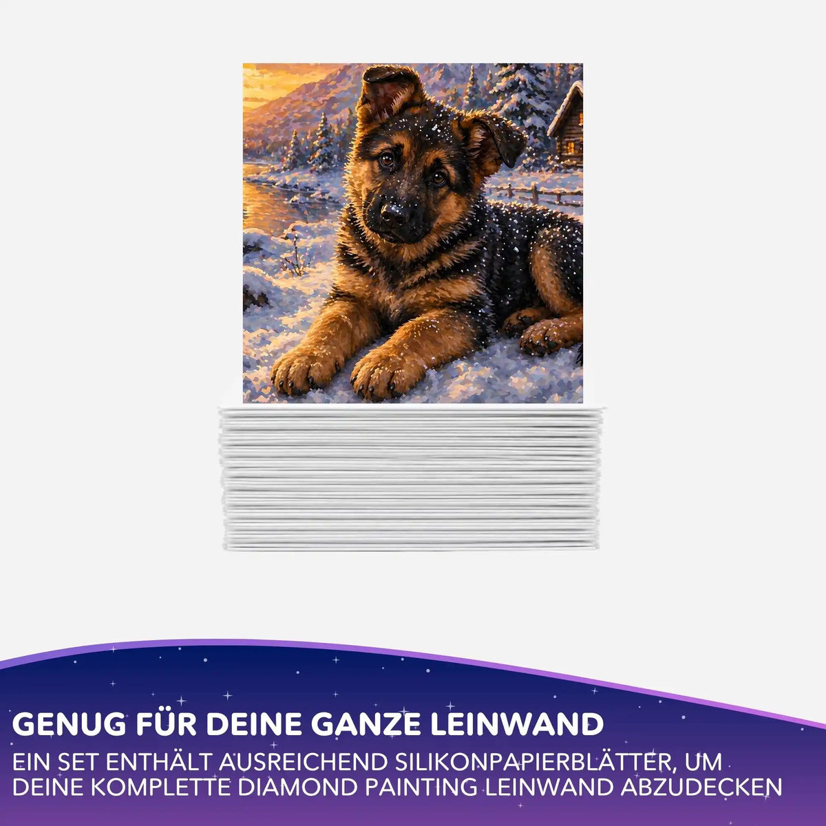 Diamond Painting Silikonpapier-Set mit Schäferhund-Motiv Erster Schnee zum Abdecken der DIY-Leinwand.