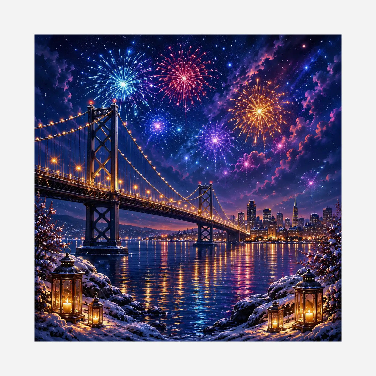Diamond Painting Motiv: Beleuchtete Brücke und buntes Feuerwerk über nächtlicher Skyline mit Laternen.