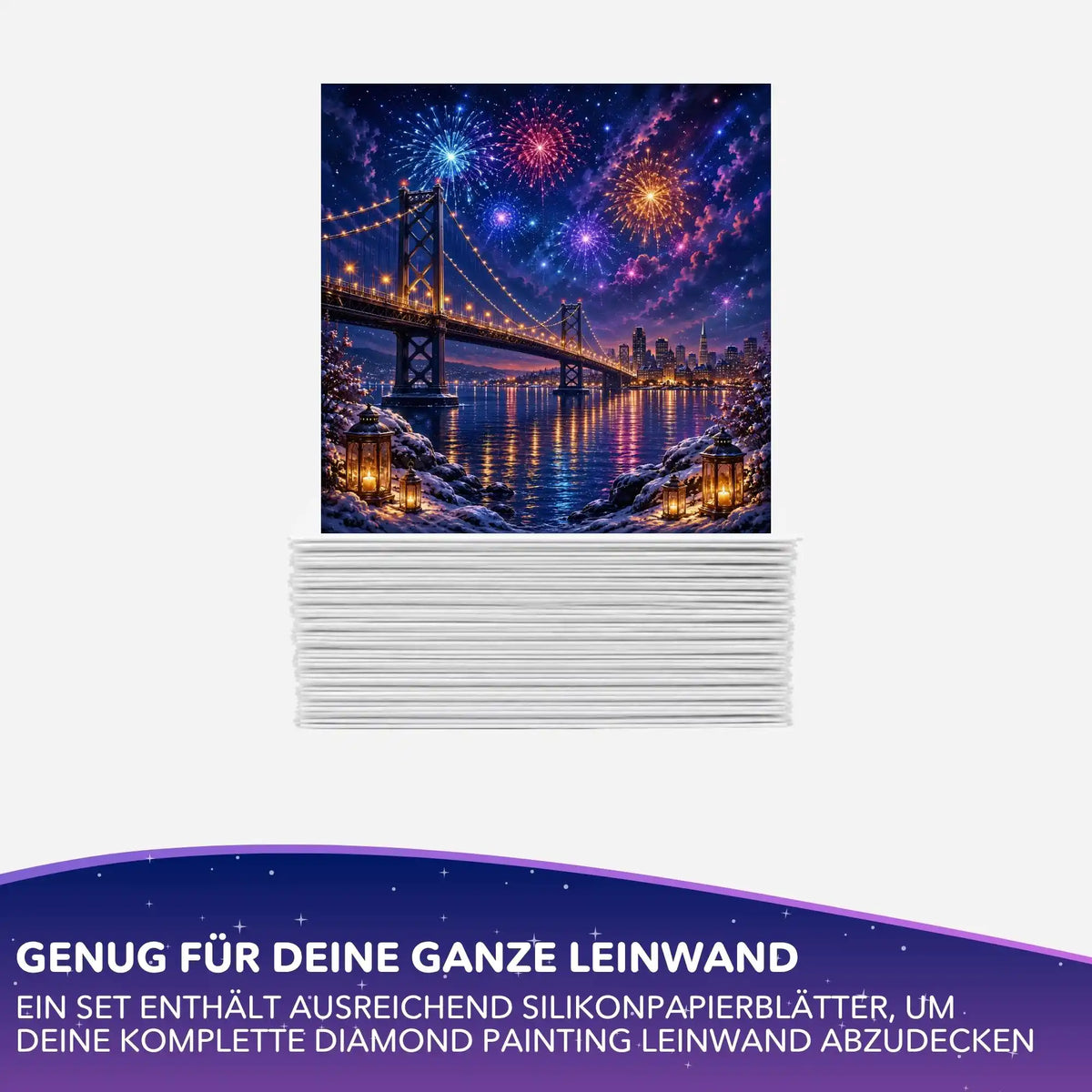 Stapel Silikonpapier für Diamond Painting Leinwand mit nächtlicher Brücke und buntem Feuerwerk